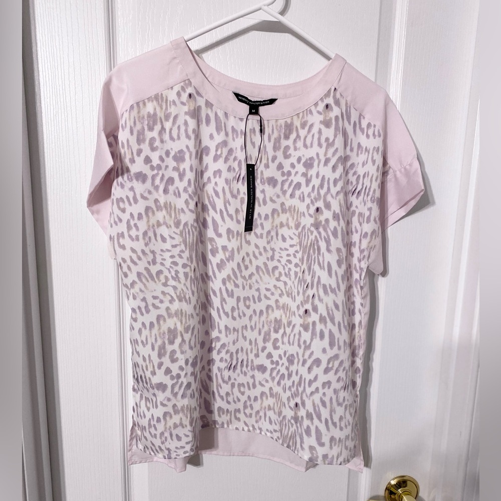NWT W118 Walter Baker Leopard Print Semi Sheer Short Sleeve Top Lilac Medium